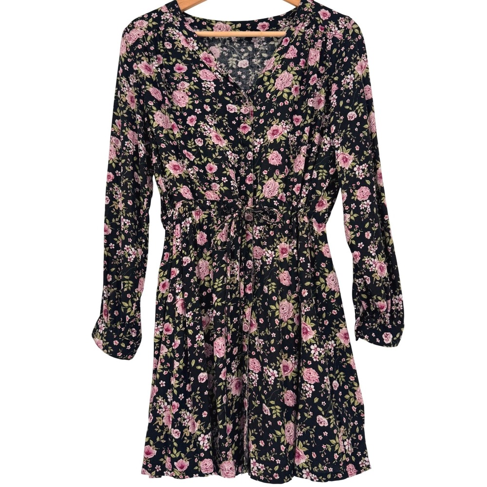 Black Pink Rose Floral Mini Dress Botanical Fairy Long Sleeve Drawstring 6